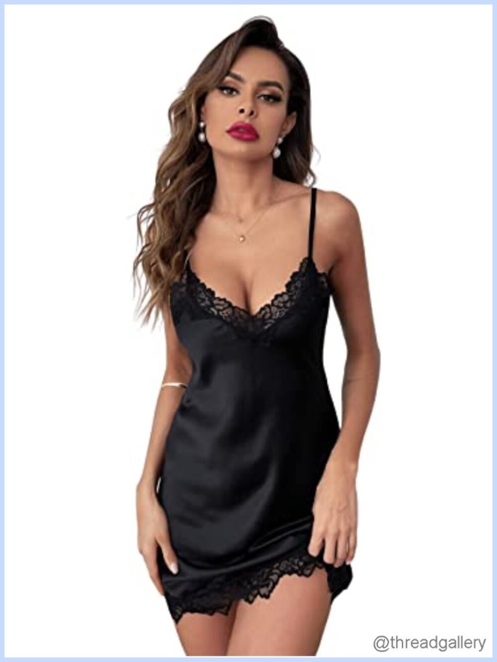 SweatyRocks Silk Satin Lace Lingerie V Neck Nightgown Slip Dress